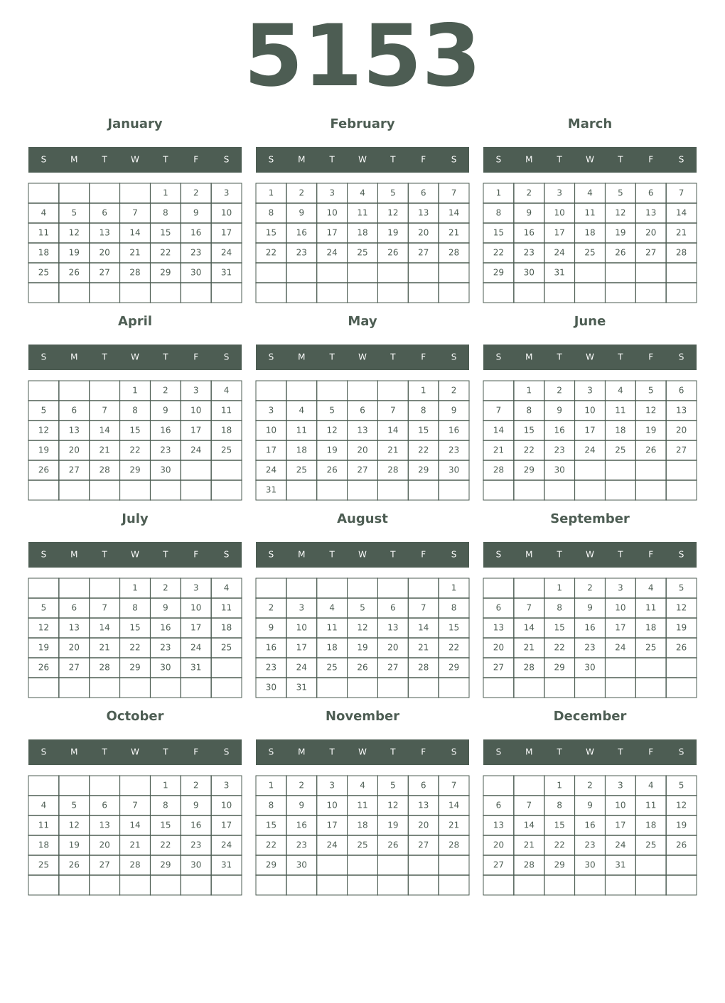 Printable 5153 Year Calendars feldgrau