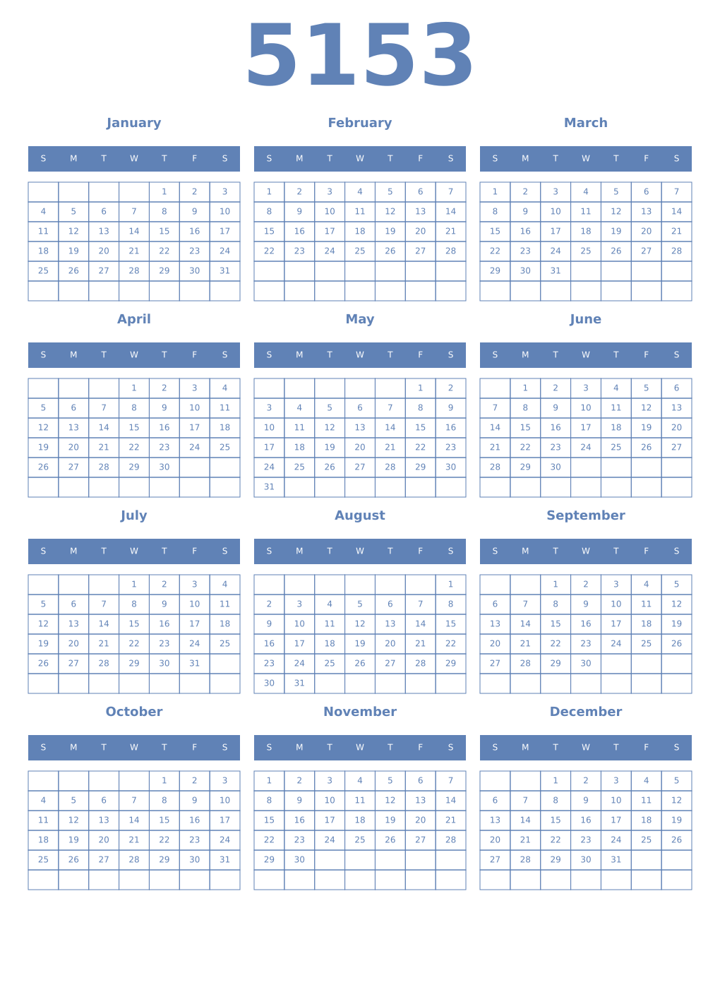 Printable 5153 Year Calendars glaucous