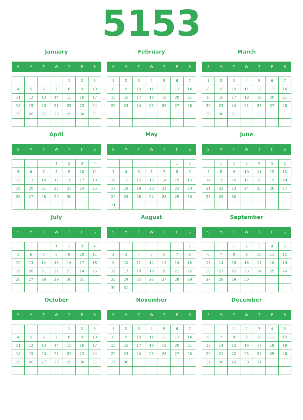 Printable 5153 Year Calendars green