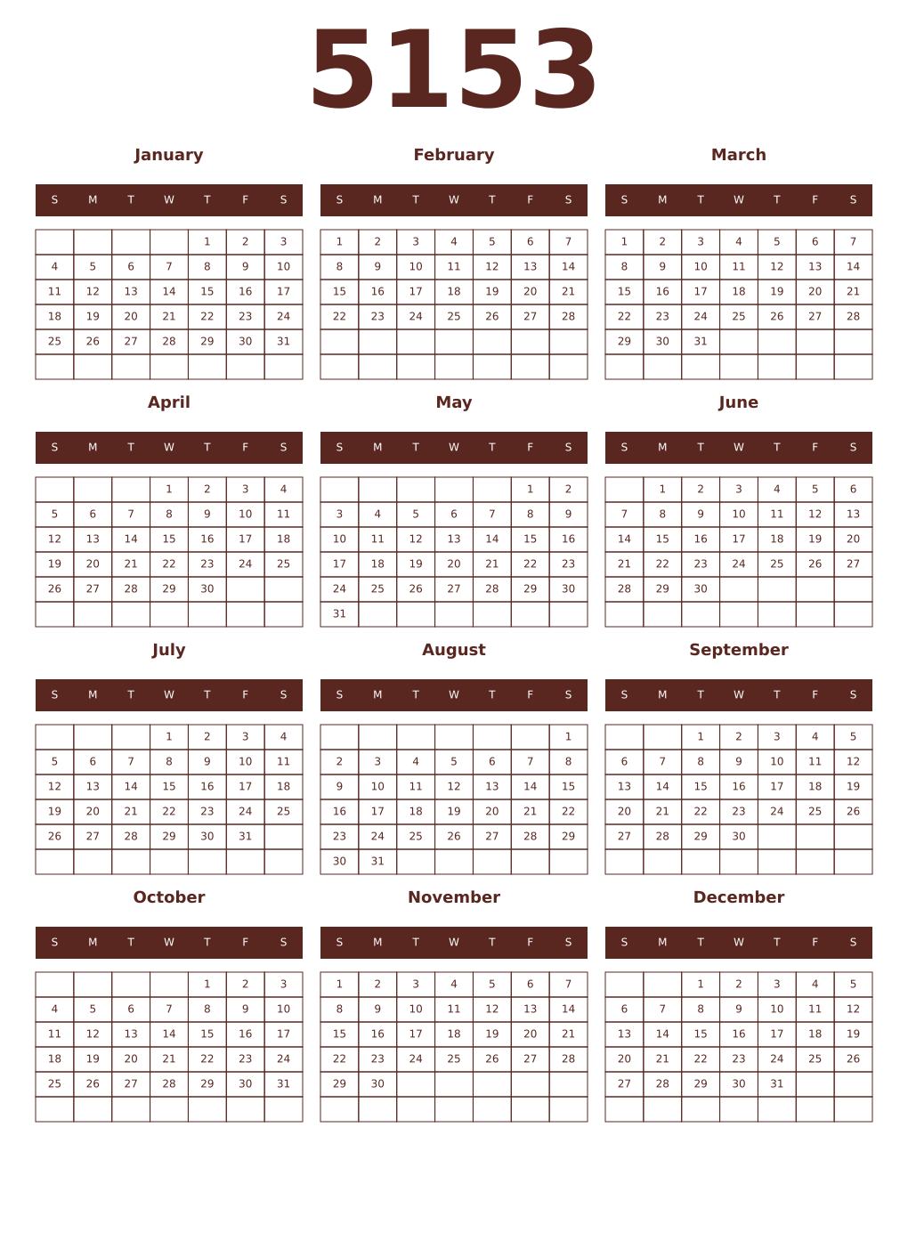 Printable 5153 Year Calendars mortuum