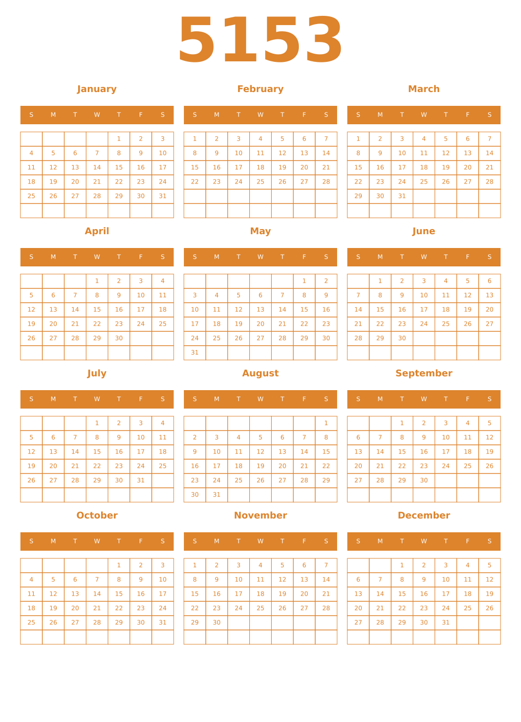 Printable 5153 Year Calendars orange