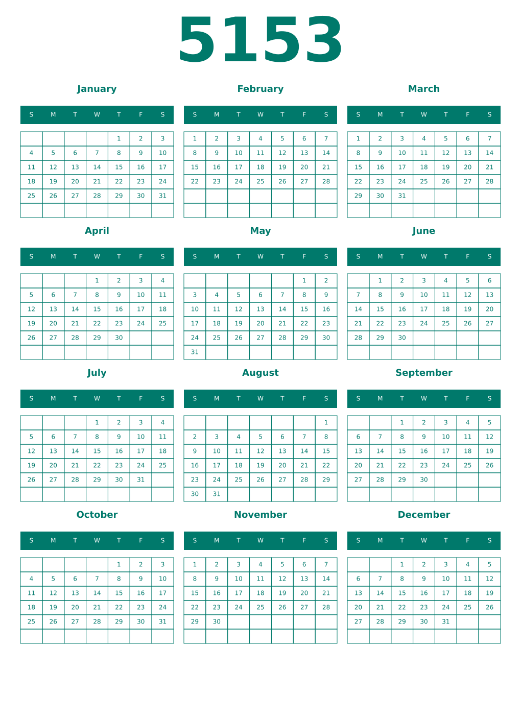 Printable 5153 Year Calendars pastel