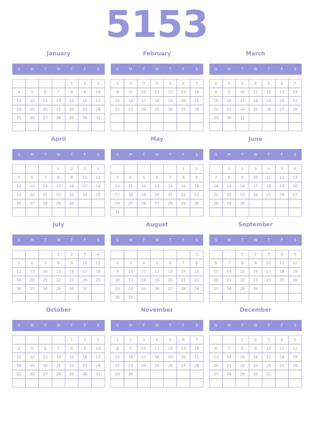 Printable 5153 Year Calendars periwinkle