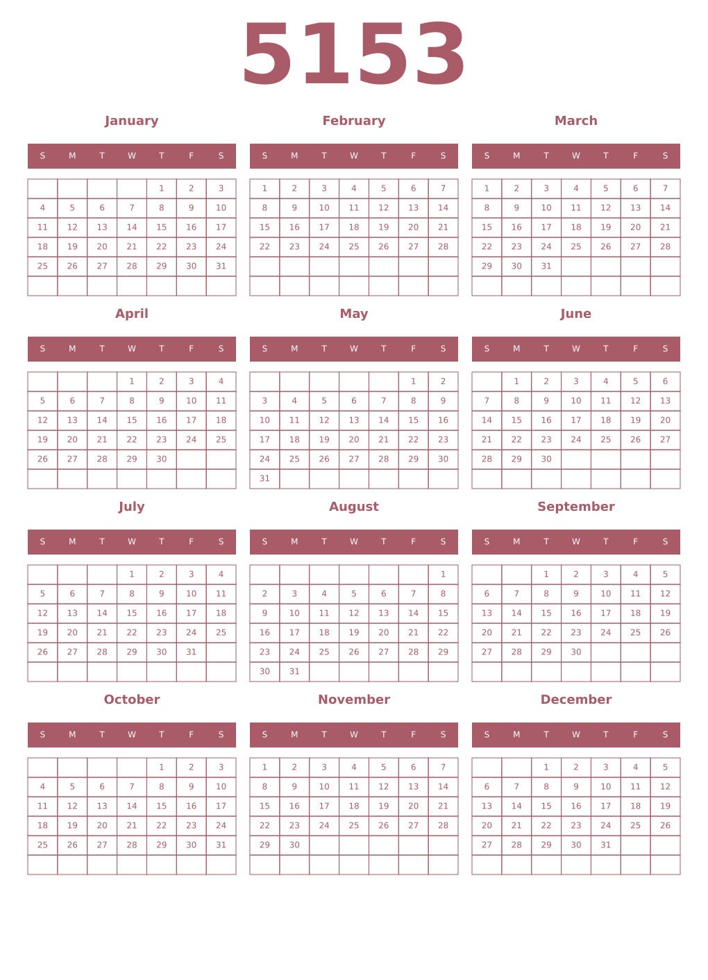 Printable 5153 Year Calendars puce