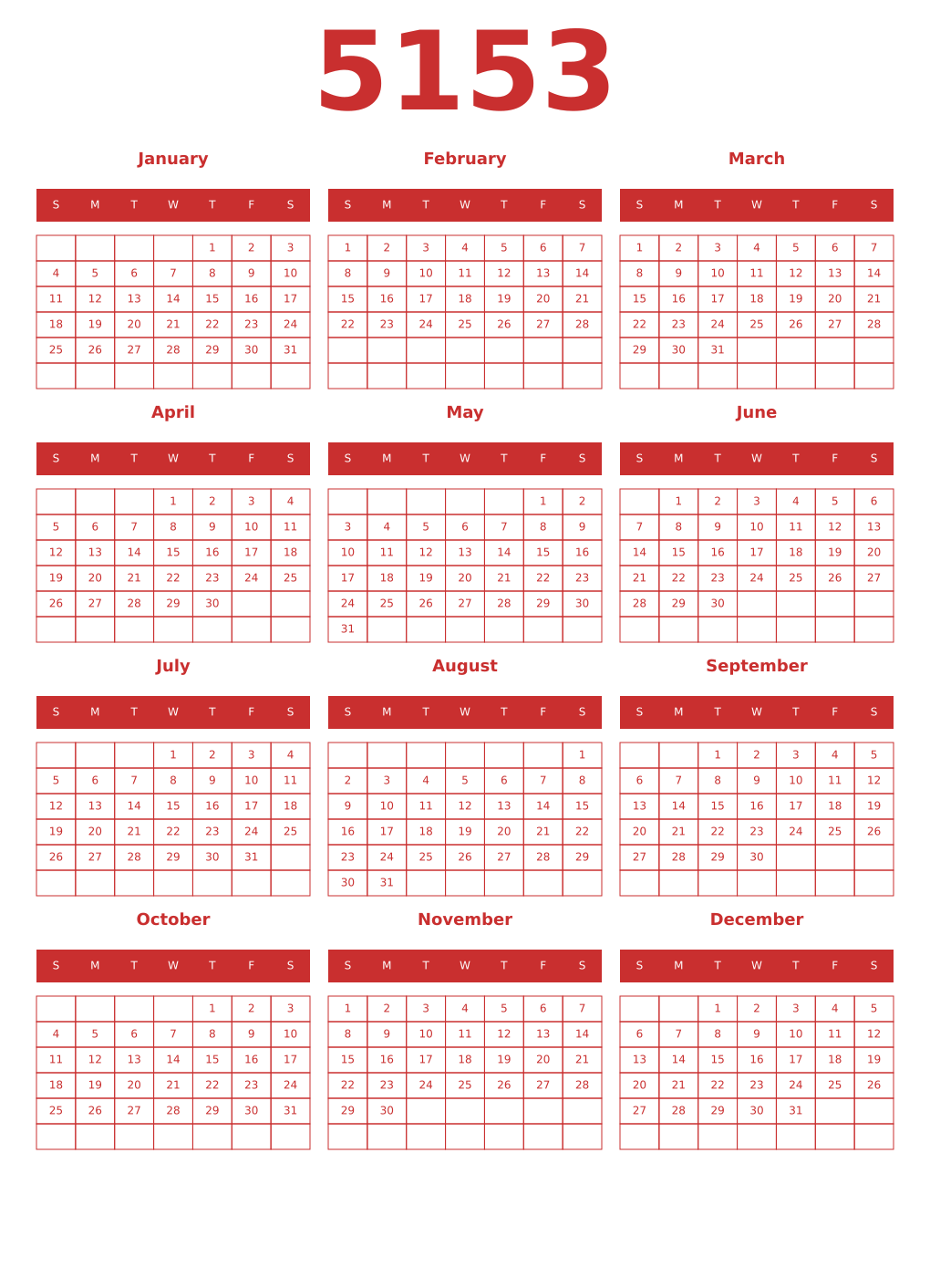 Printable 5153 Year Calendars red