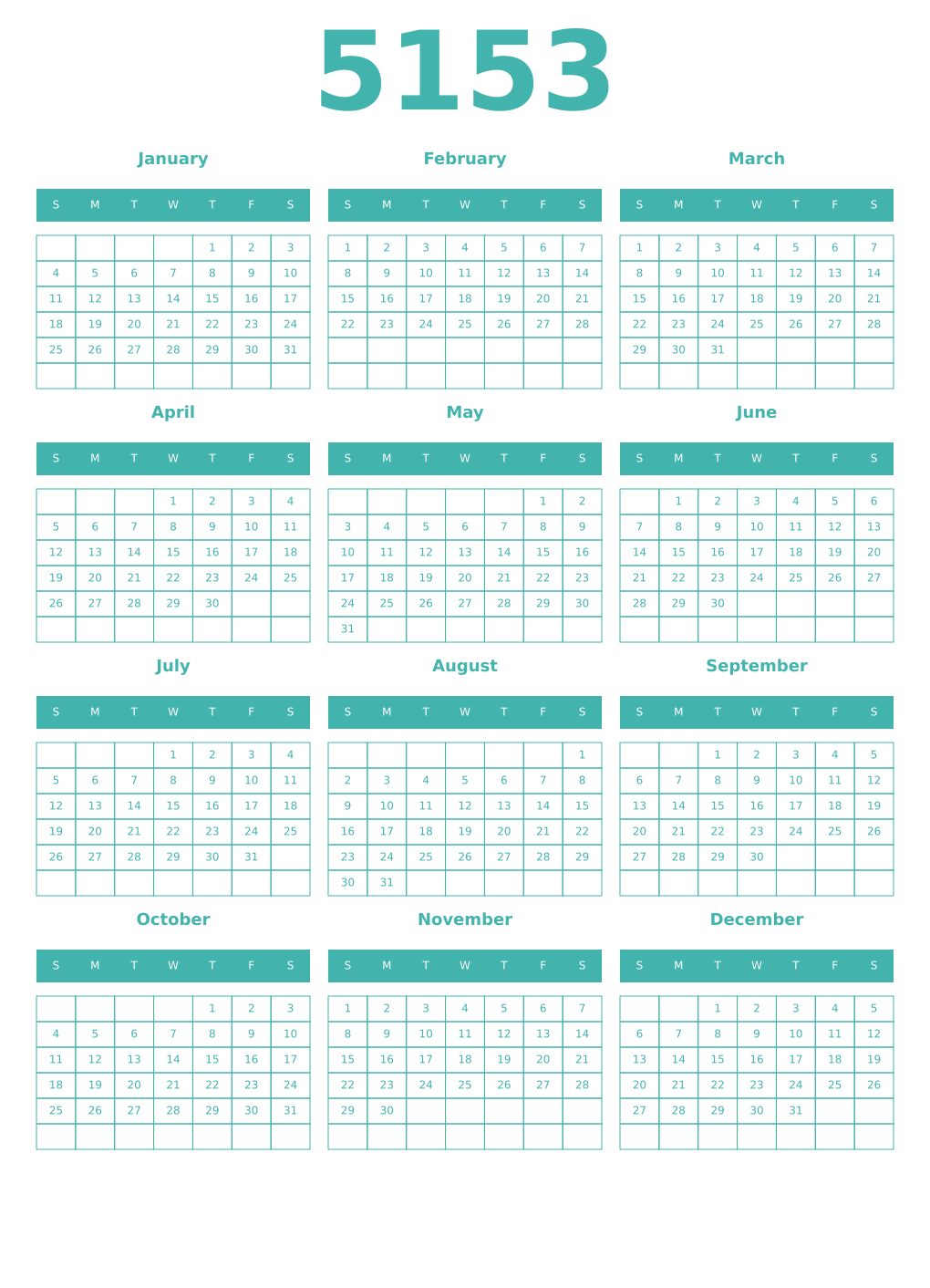 Printable 5153 Year Calendars verdigris