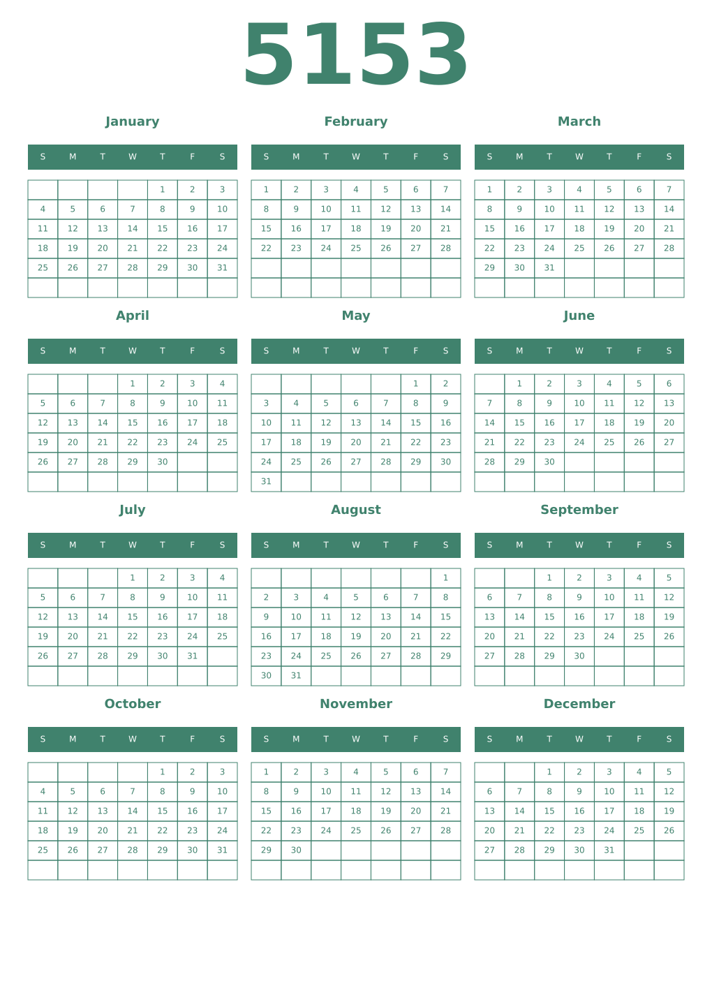 Printable 5153 Year Calendars viridian