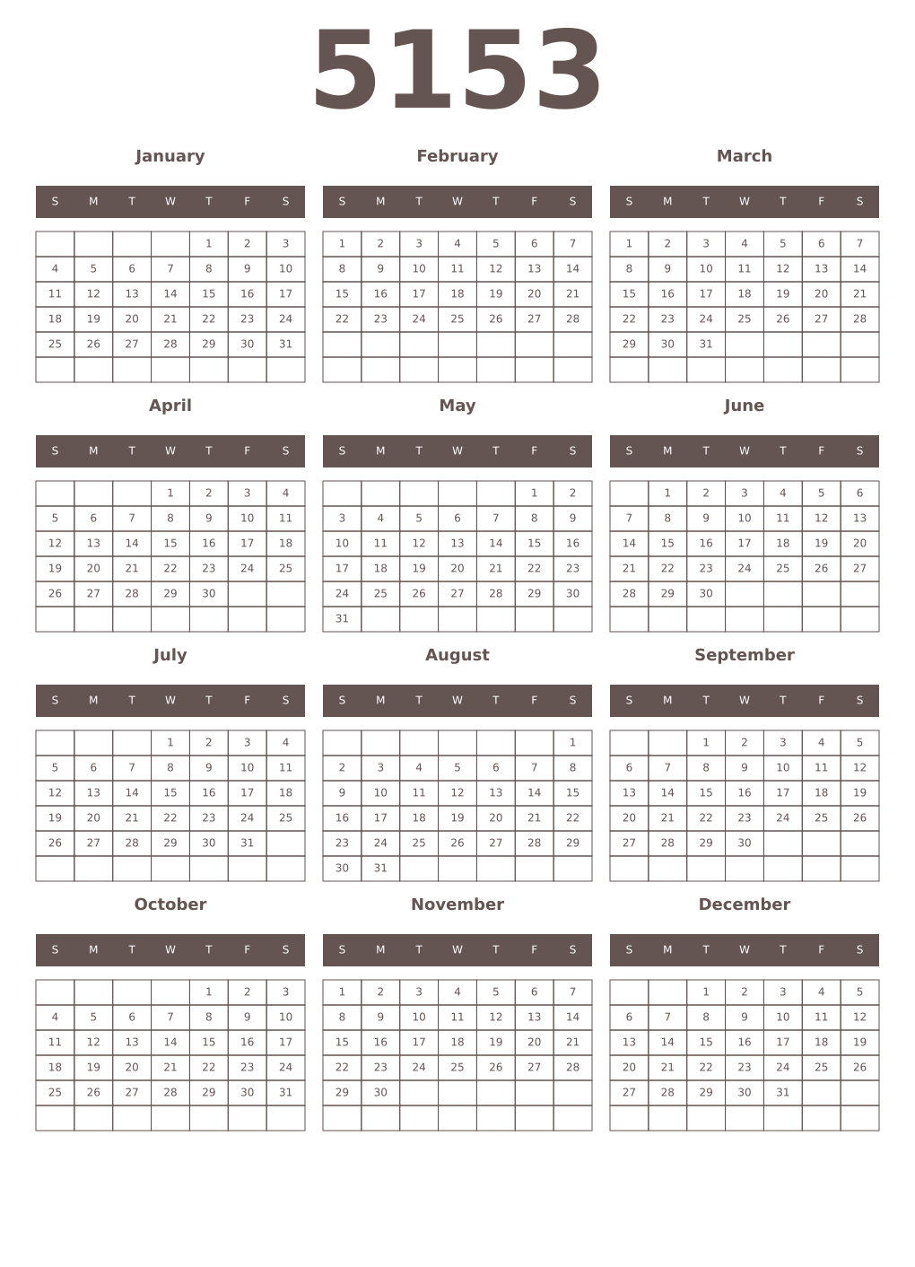 Printable 5153 Year Calendars wenge
