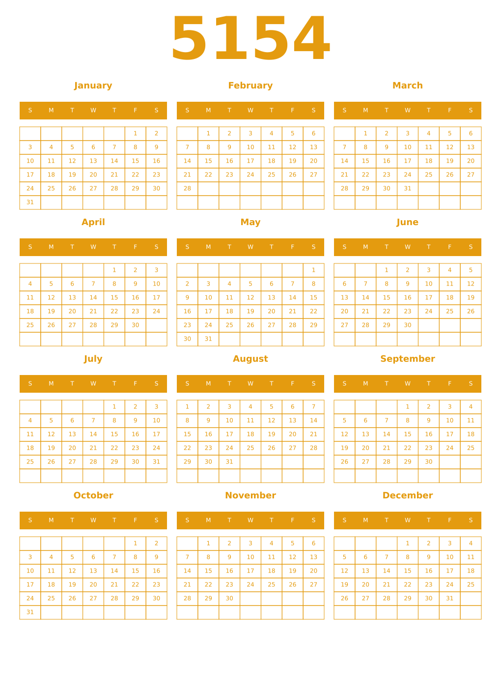 Printable 5154 Year Calendars gamboge