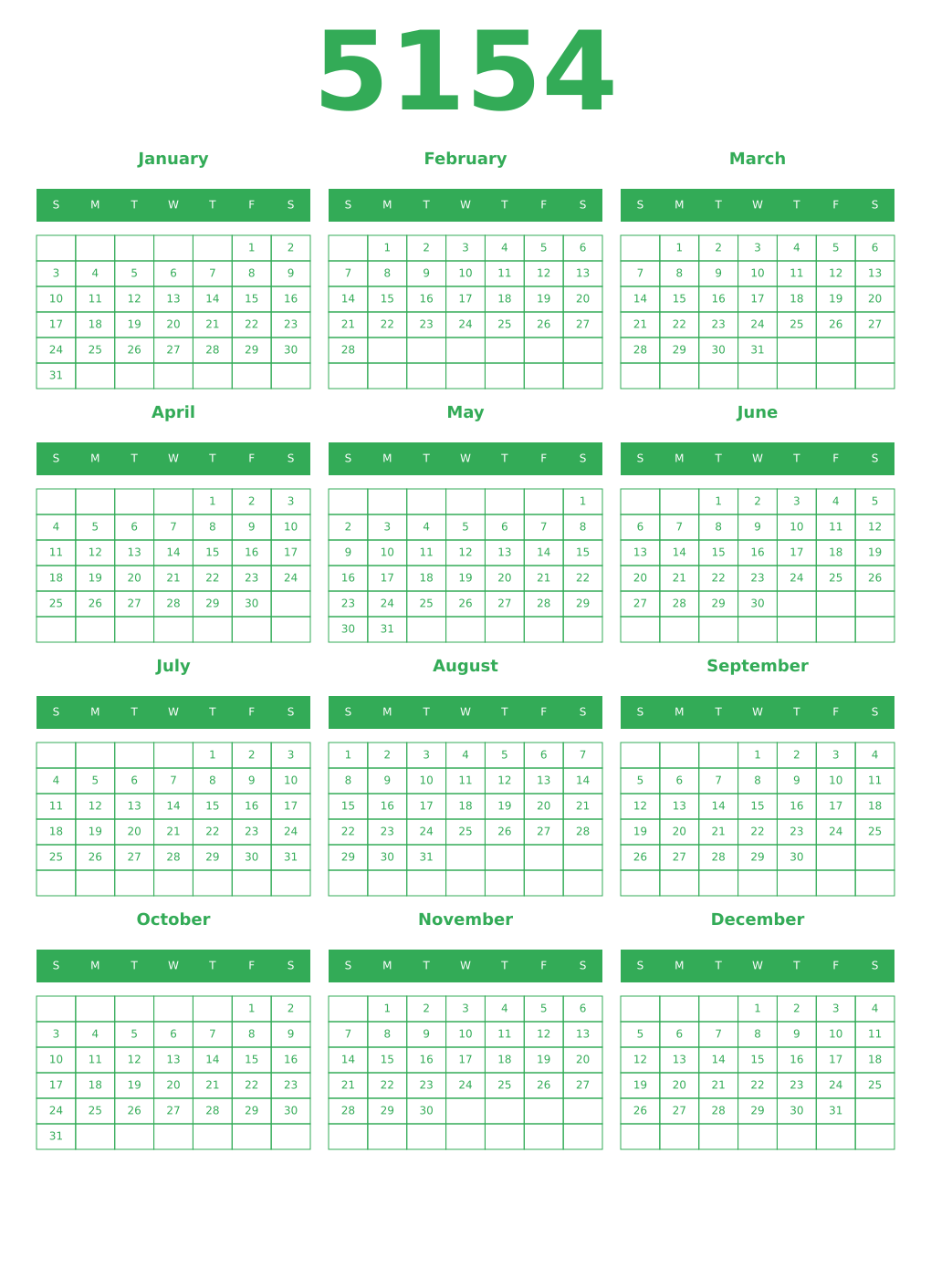 Printable 5154 Year Calendars green