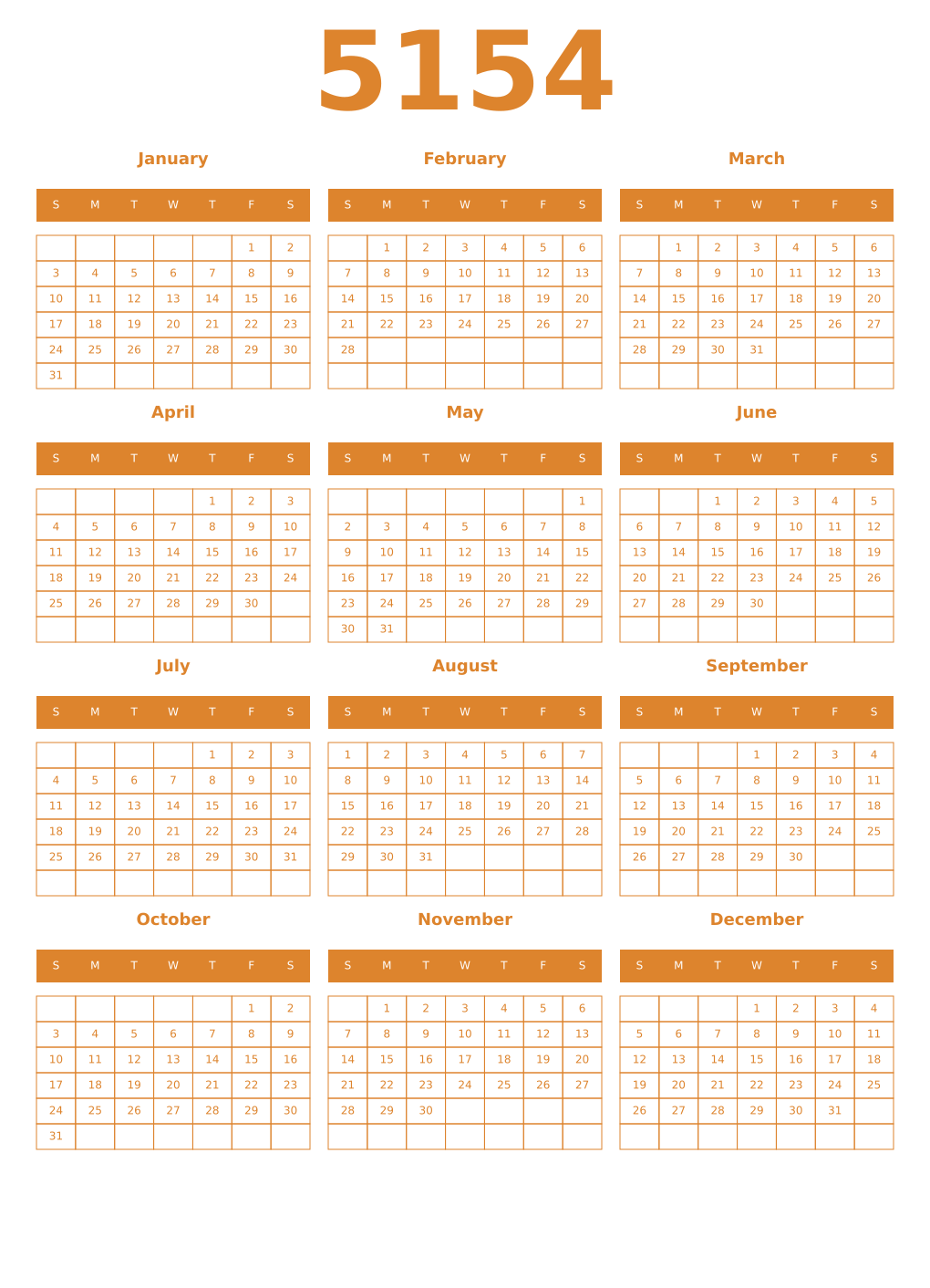 Printable 5154 Year Calendars orange