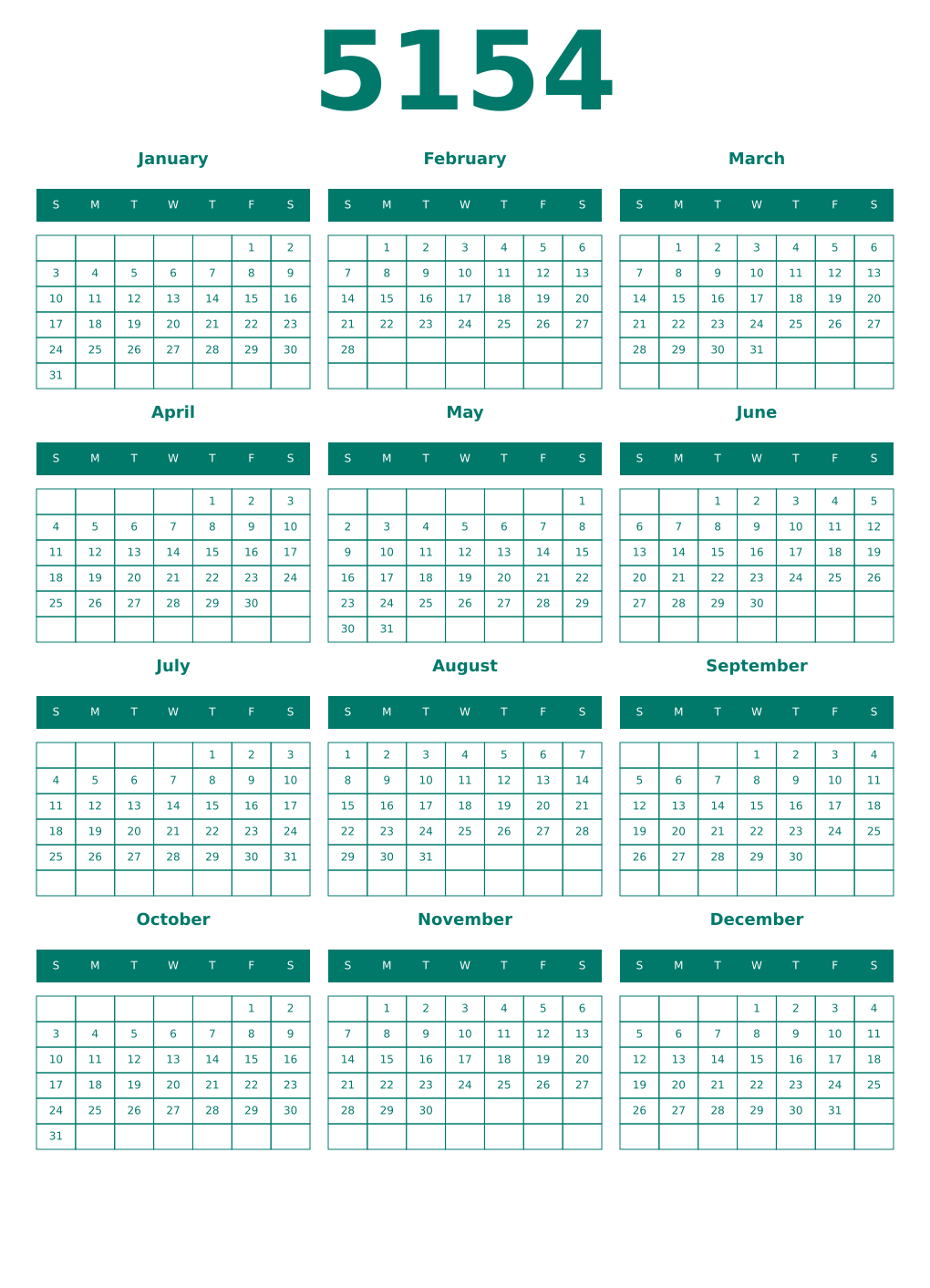Printable 5154 Year Calendars pastel