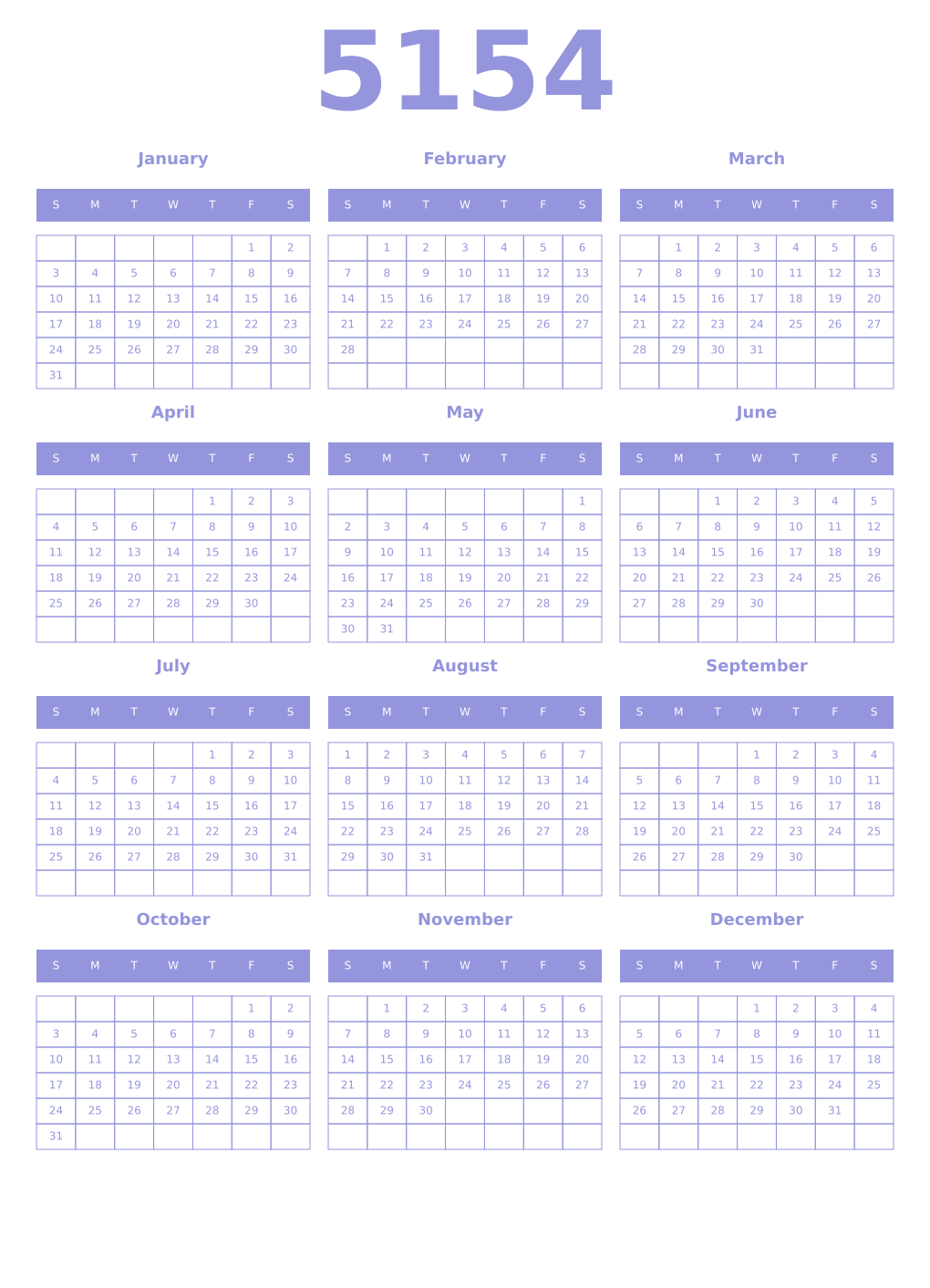 Printable 5154 Year Calendars periwinkle