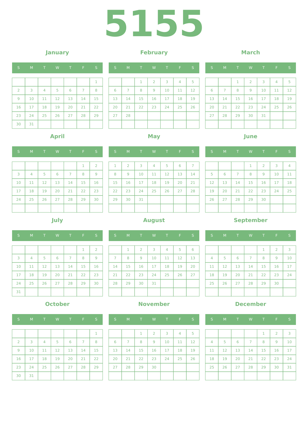 Printable 5155 Year Calendars celadon