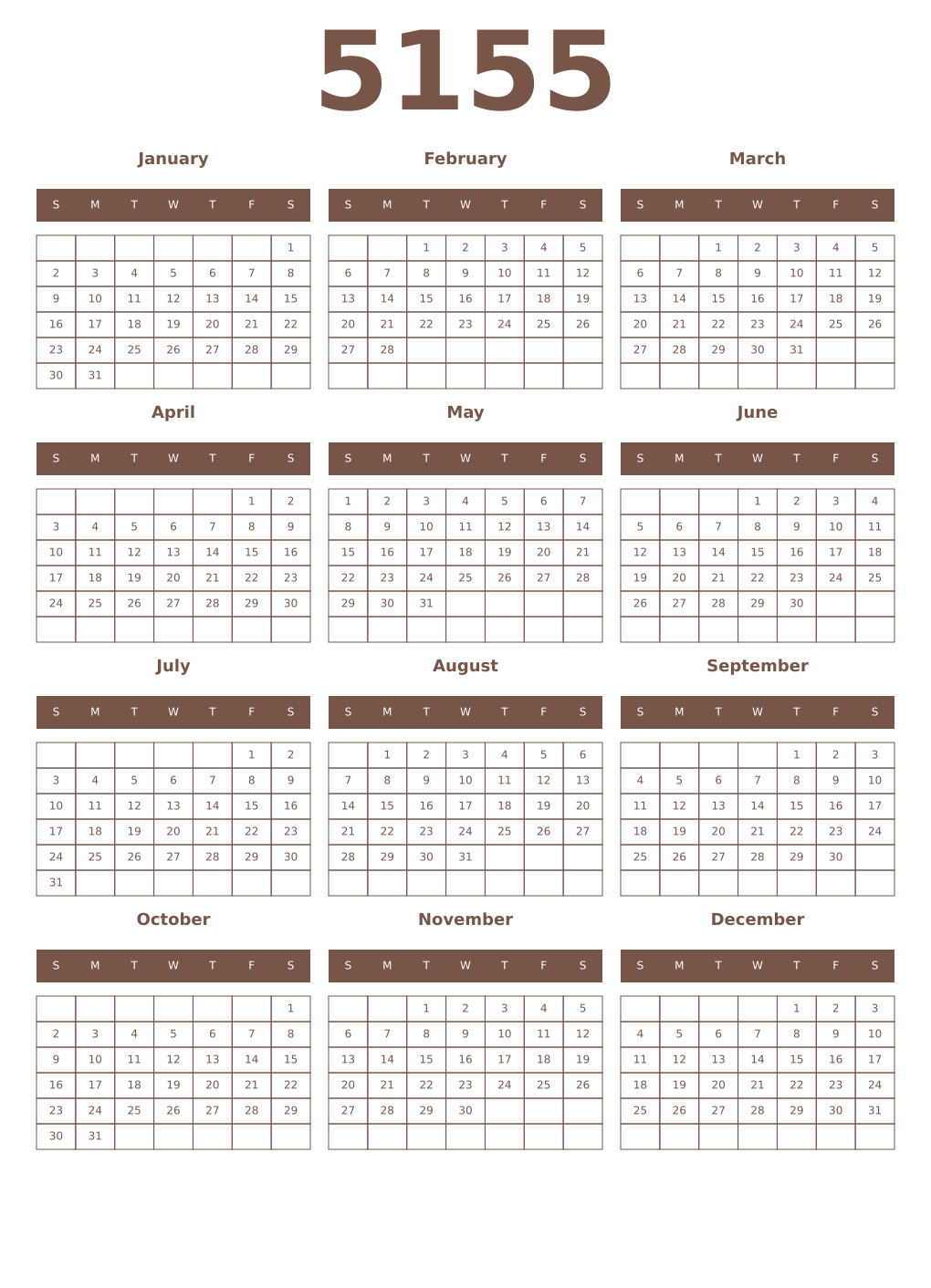 Printable 5155 Year Calendars coffe