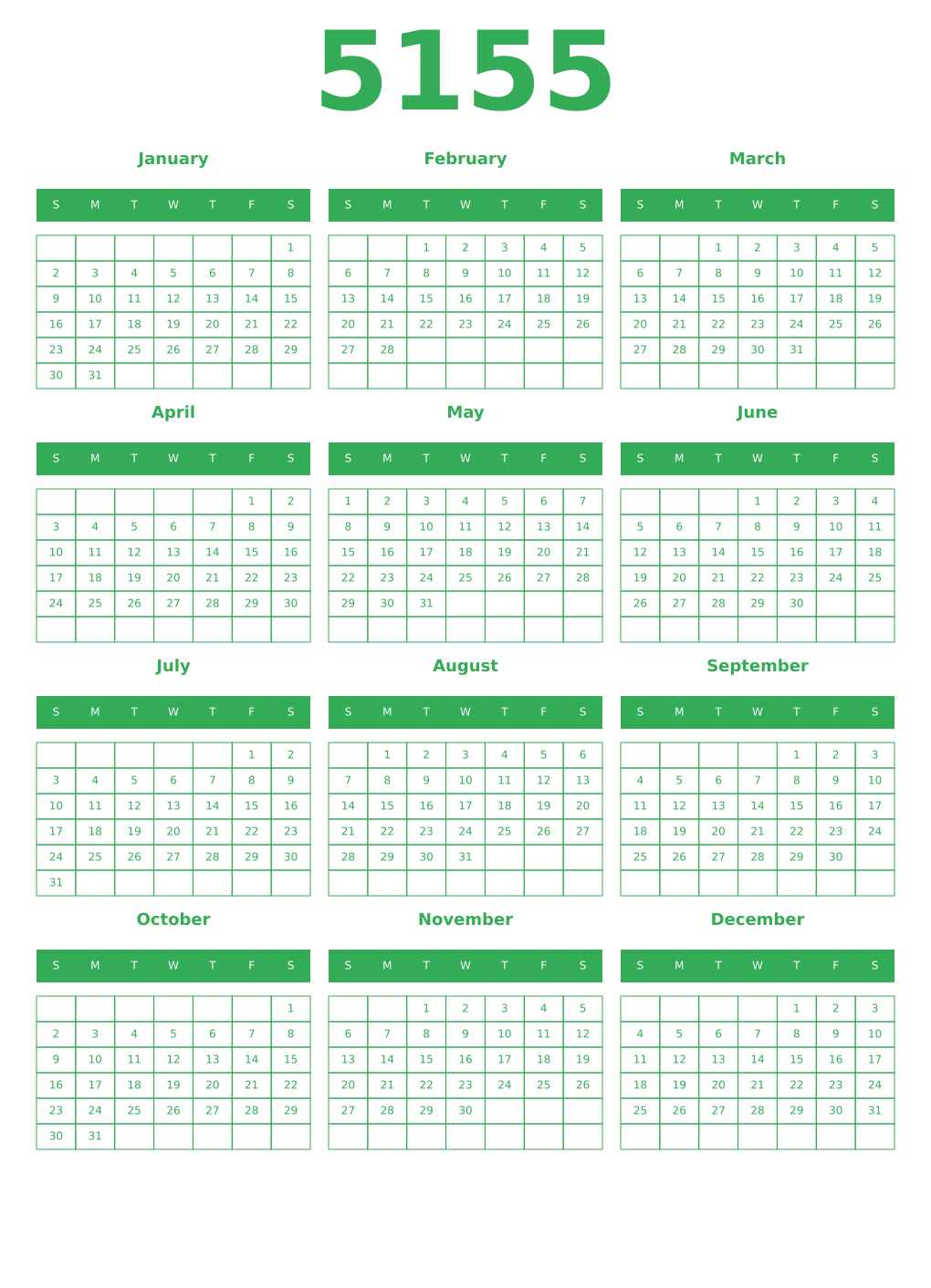 Printable 5155 Year Calendars green