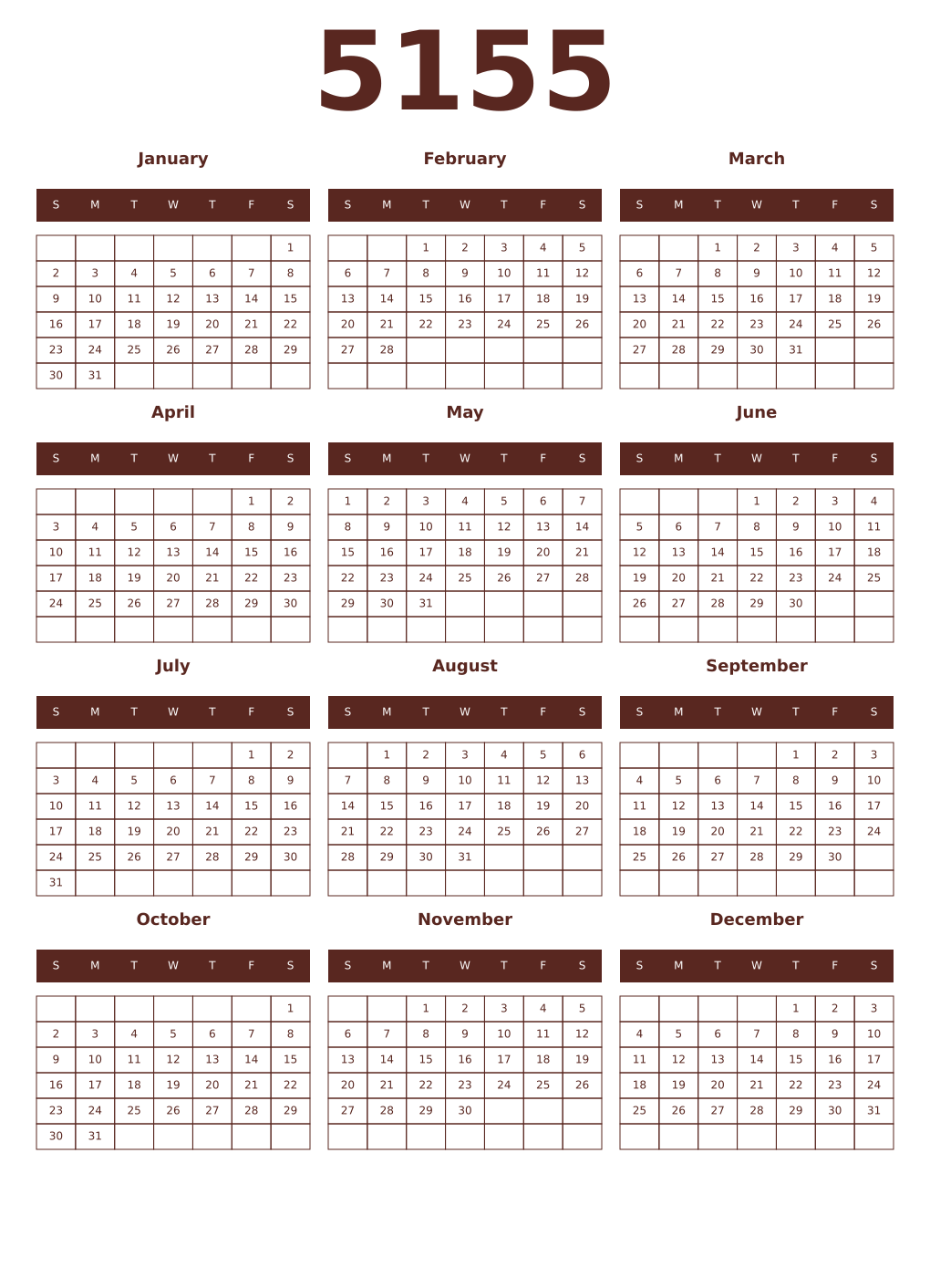 Printable 5155 Year Calendars mortuum