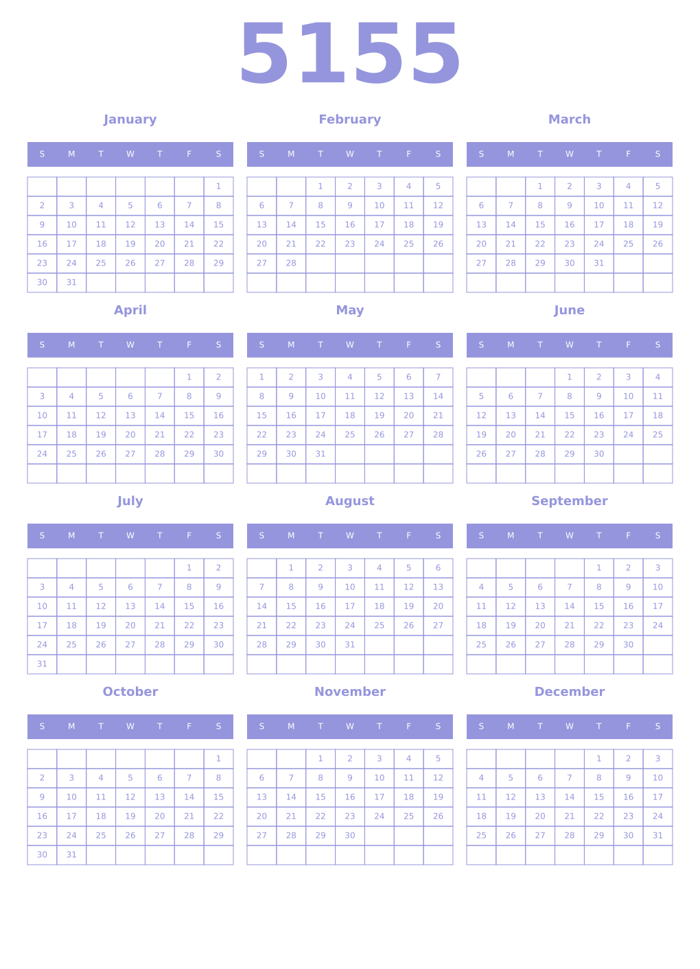 Printable 5155 Year Calendars periwinkle