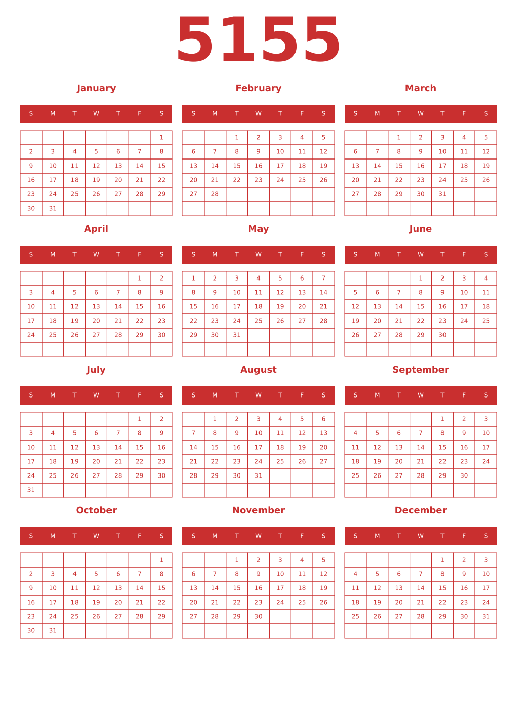 Printable 5155 Year Calendars red