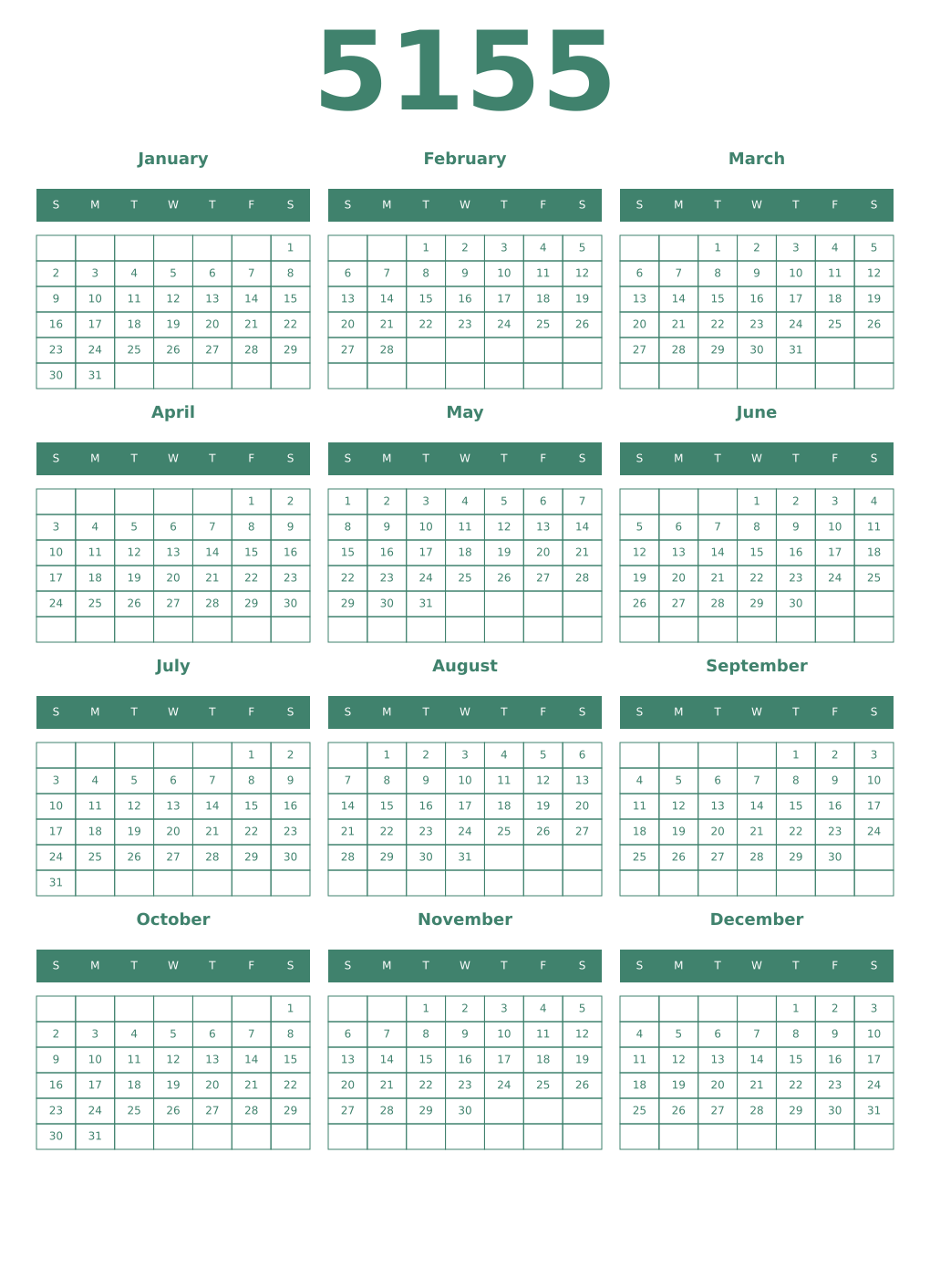 Printable 5155 Year Calendars viridian