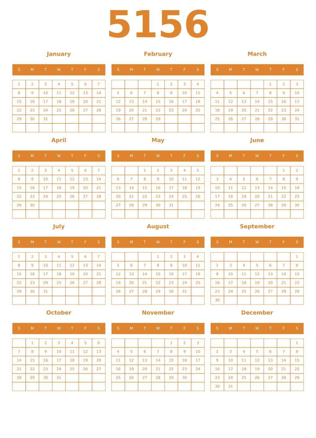 Printable 5156 Year Calendars orange