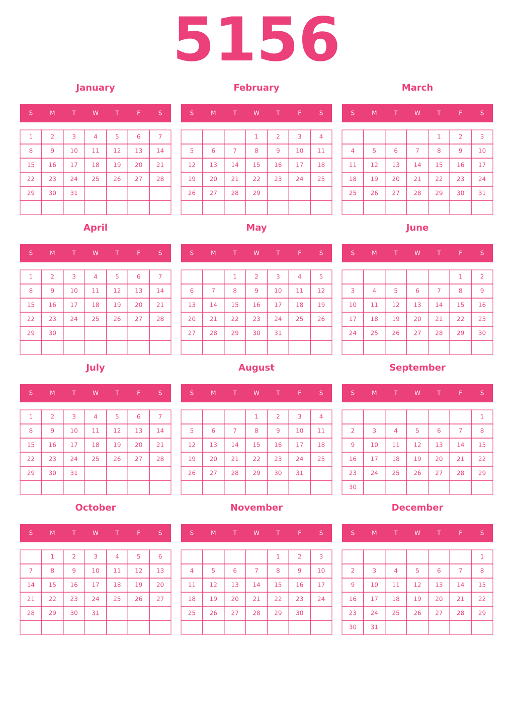 Printable 5156 Year Calendars pink