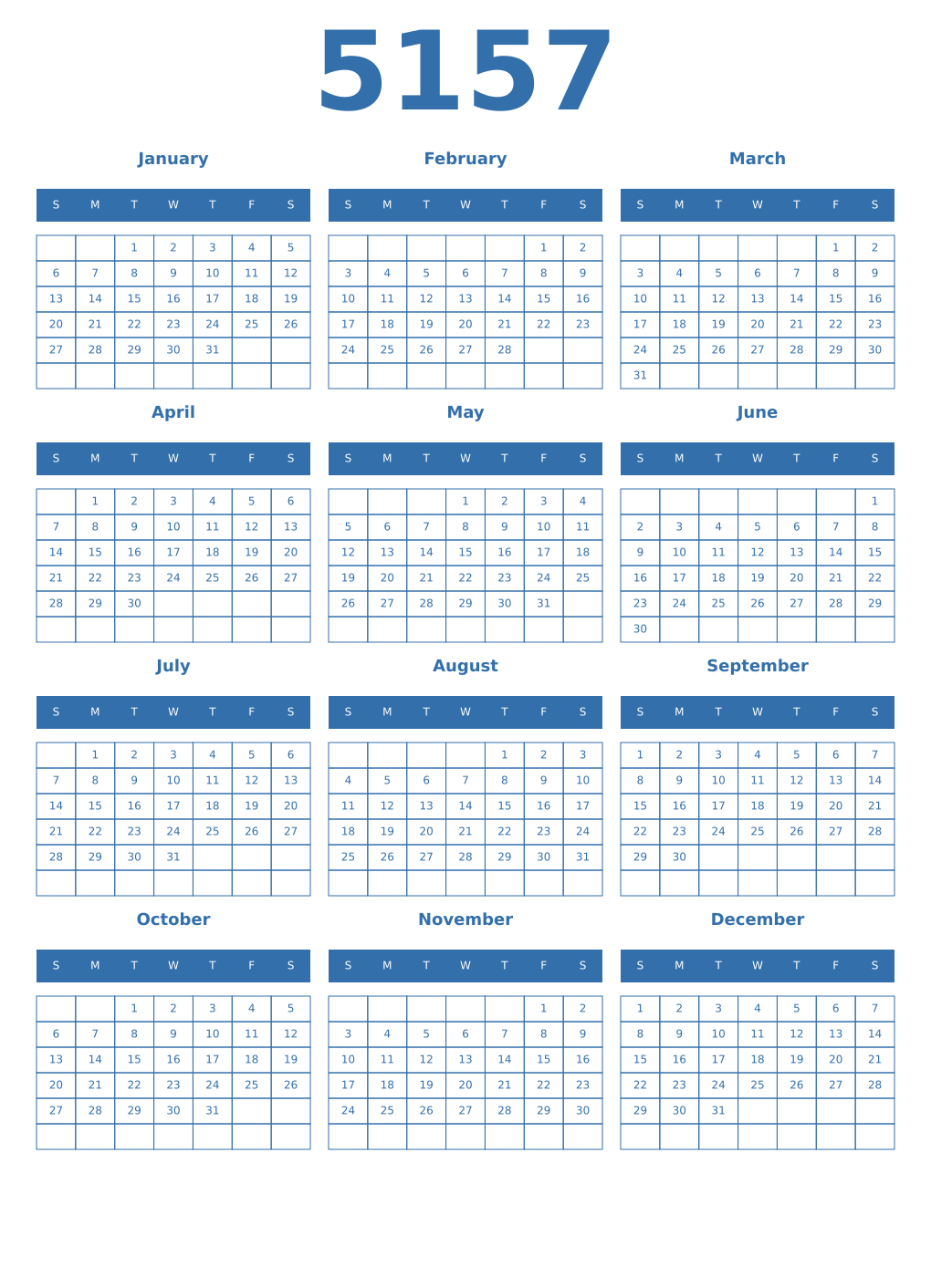 Printable 5157 Year Calendars blue