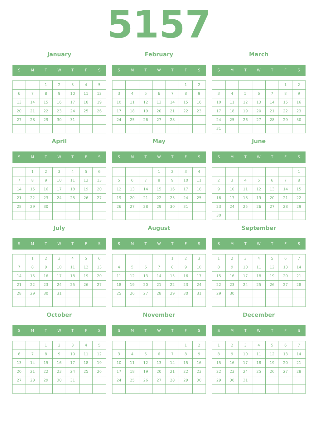 Printable 5157 Year Calendars celadon