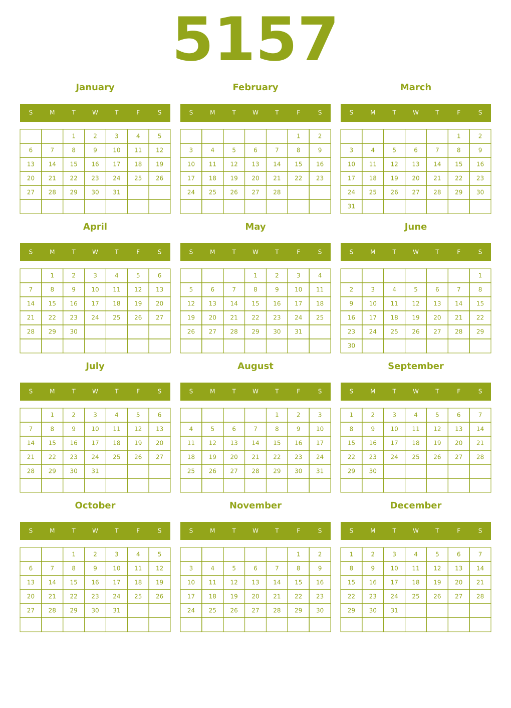 Printable 5157 Year Calendars chartreuse