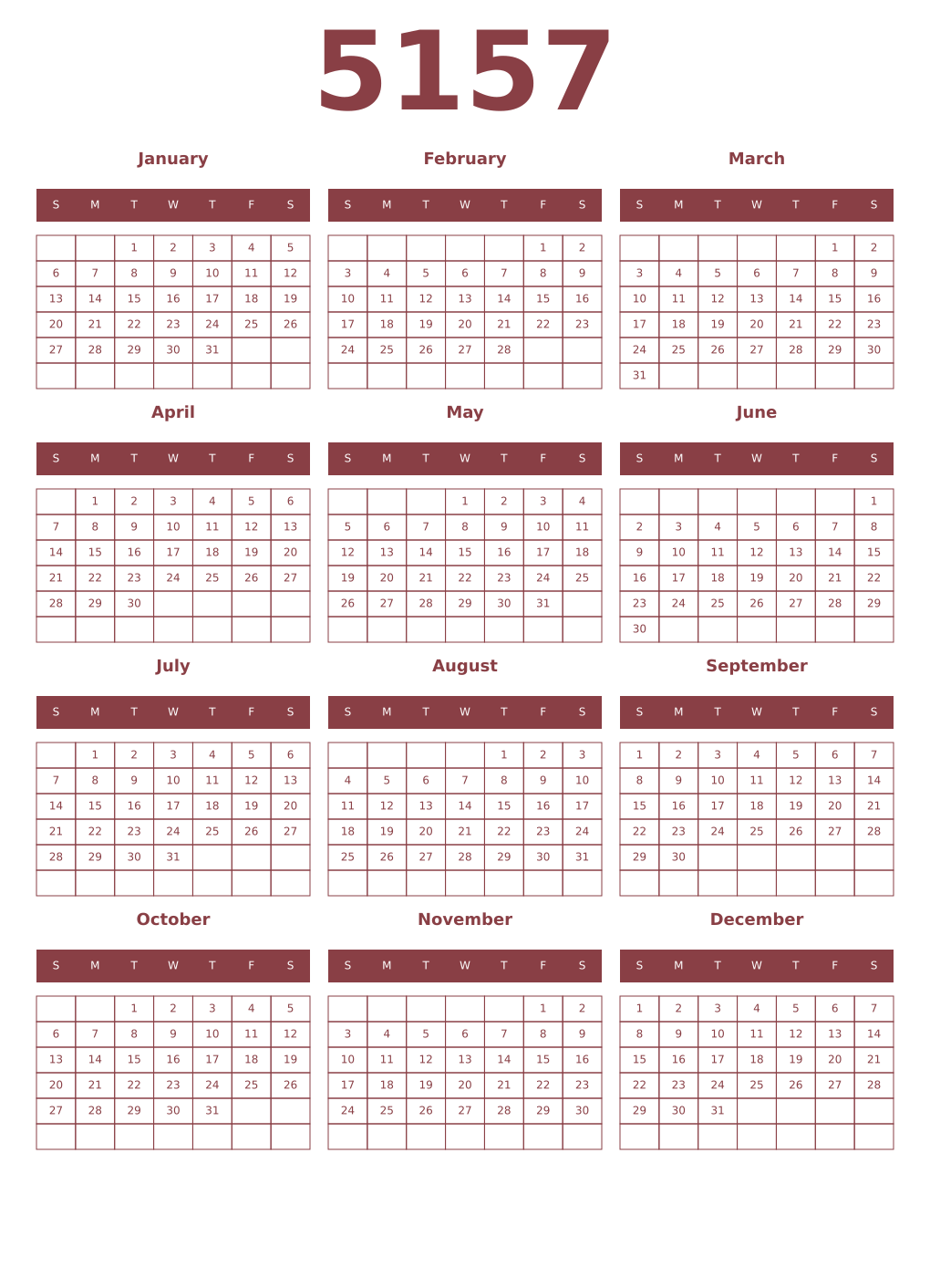 Printable 5157 Year Calendars cordovan
