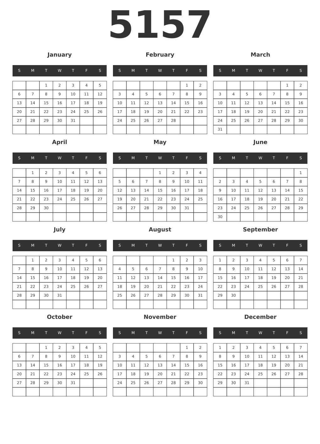 Printable 5157 Year Calendars dark