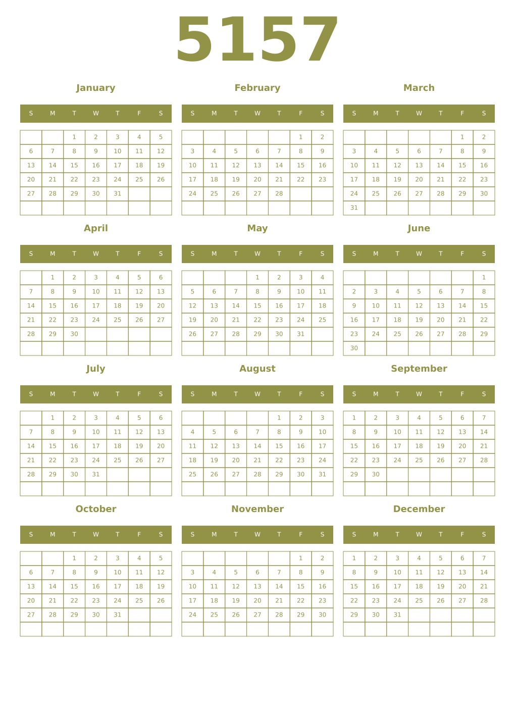 Printable 5157 Year Calendars eburnean