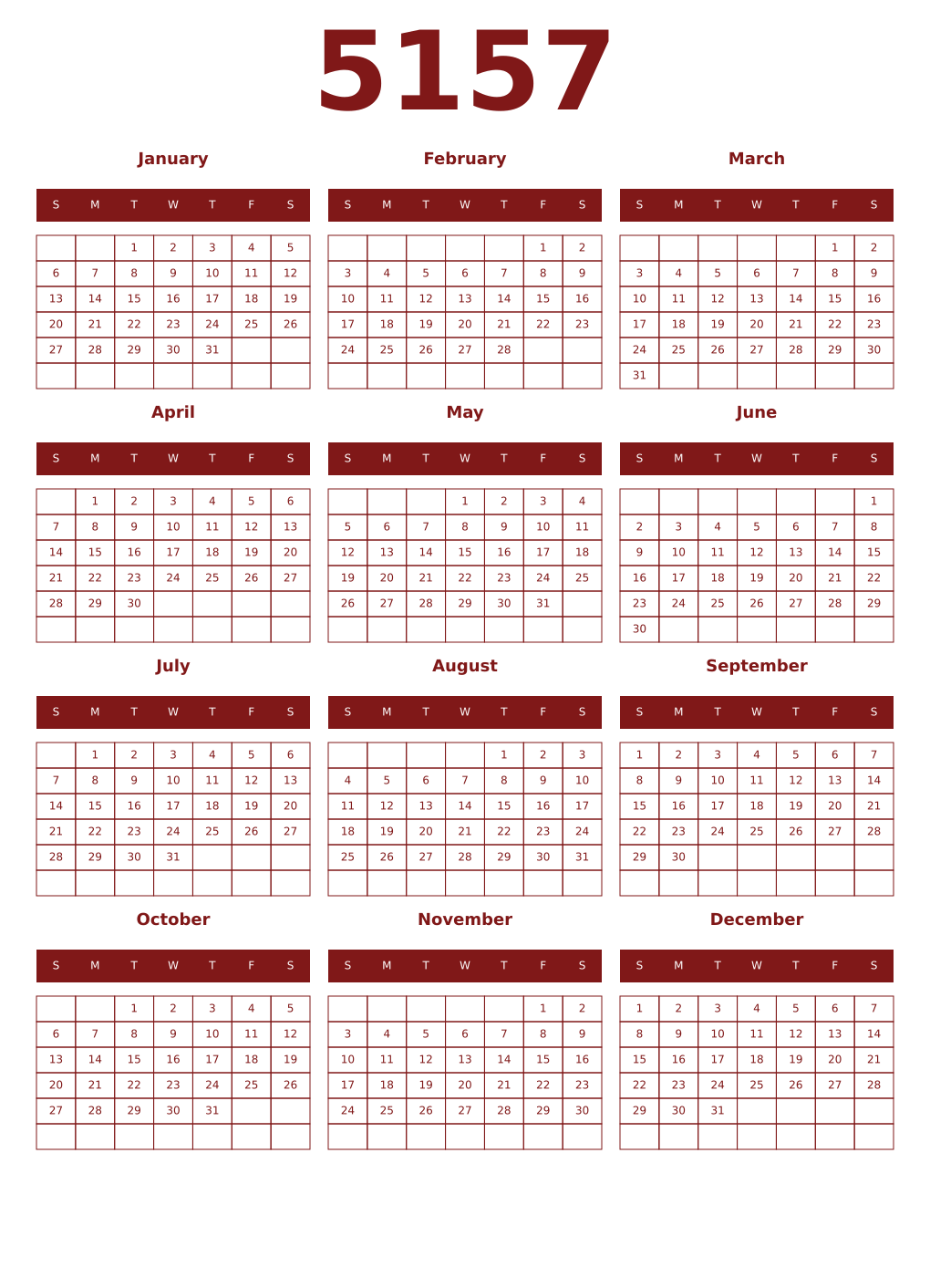Printable 5157 Year Calendars falu