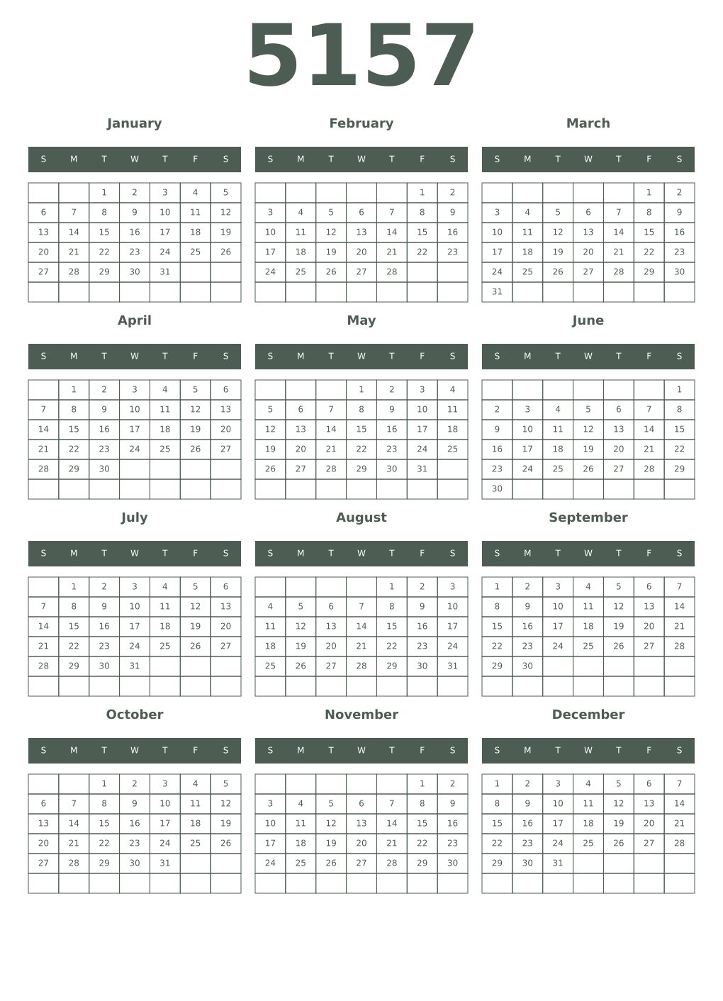 Printable 5157 Year Calendars feldgrau