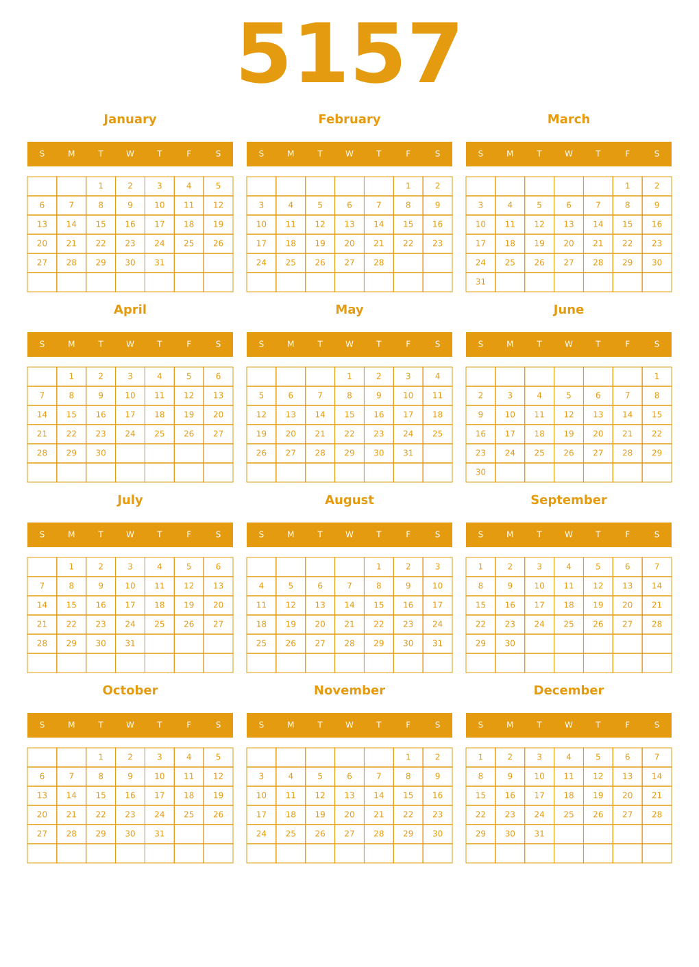Printable 5157 Year Calendars gamboge