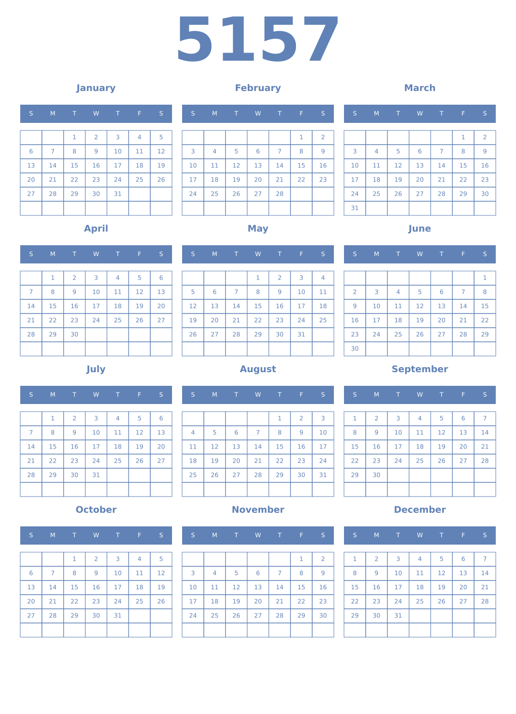 Printable 5157 Year Calendars glaucous