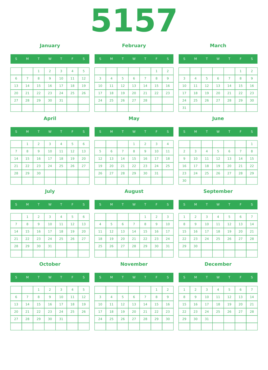 Printable 5157 Year Calendars green