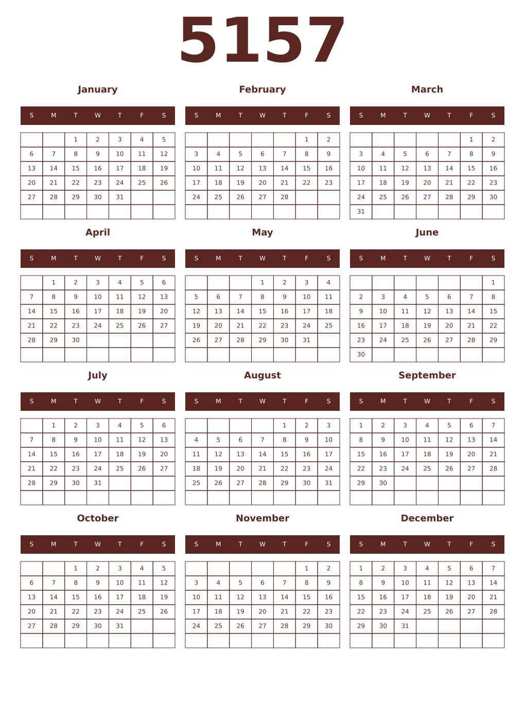 Printable 5157 Year Calendars mortuum