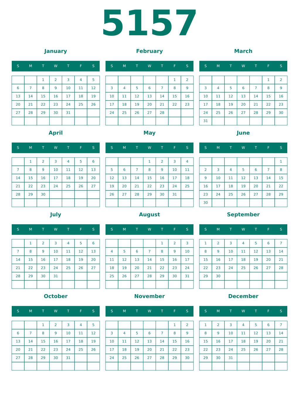 Printable 5157 Year Calendars pastel