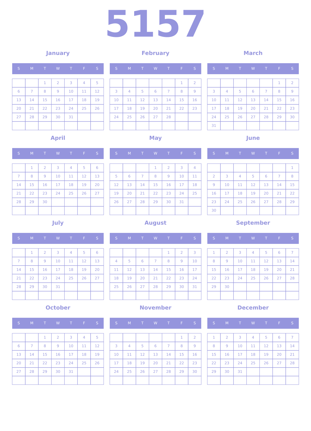 Printable 5157 Year Calendars periwinkle