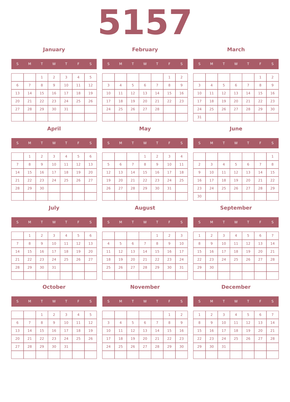 Printable 5157 Year Calendars puce