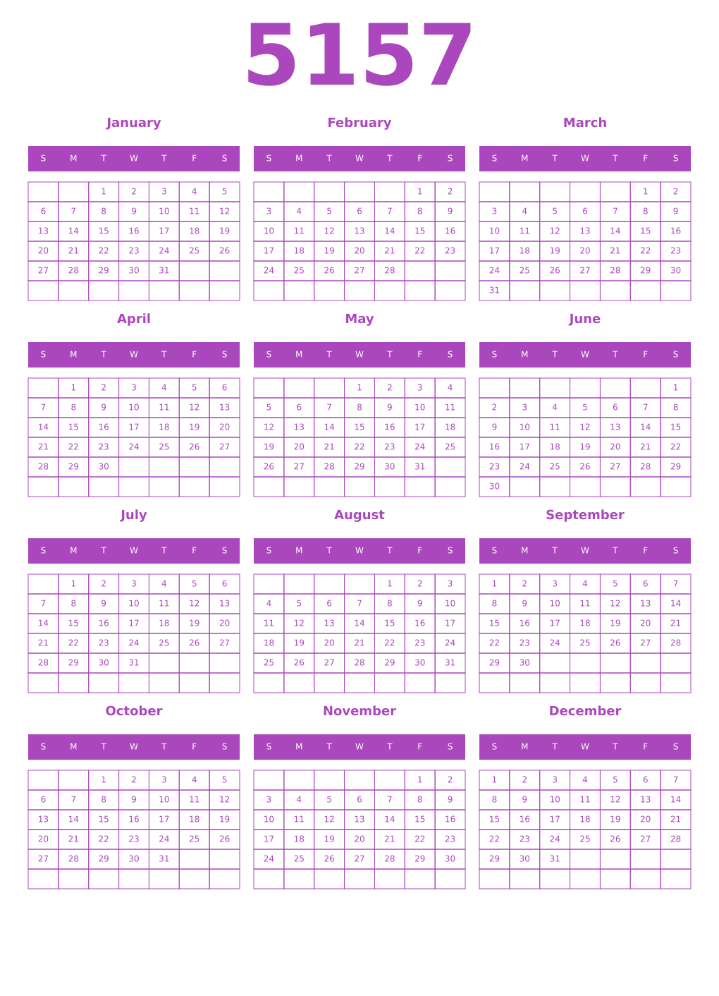 Printable 5157 Year Calendars purple