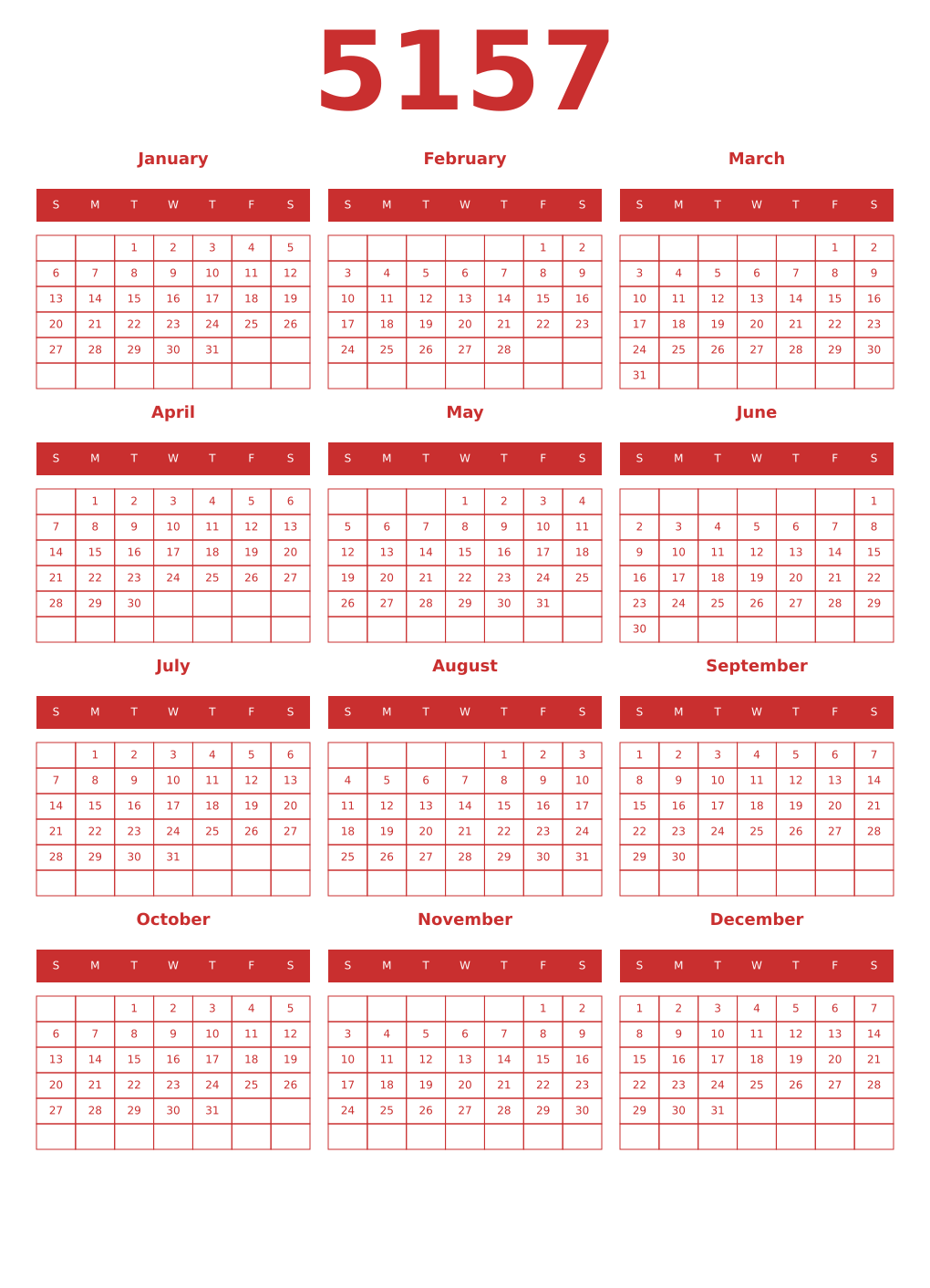Printable 5157 Year Calendars red