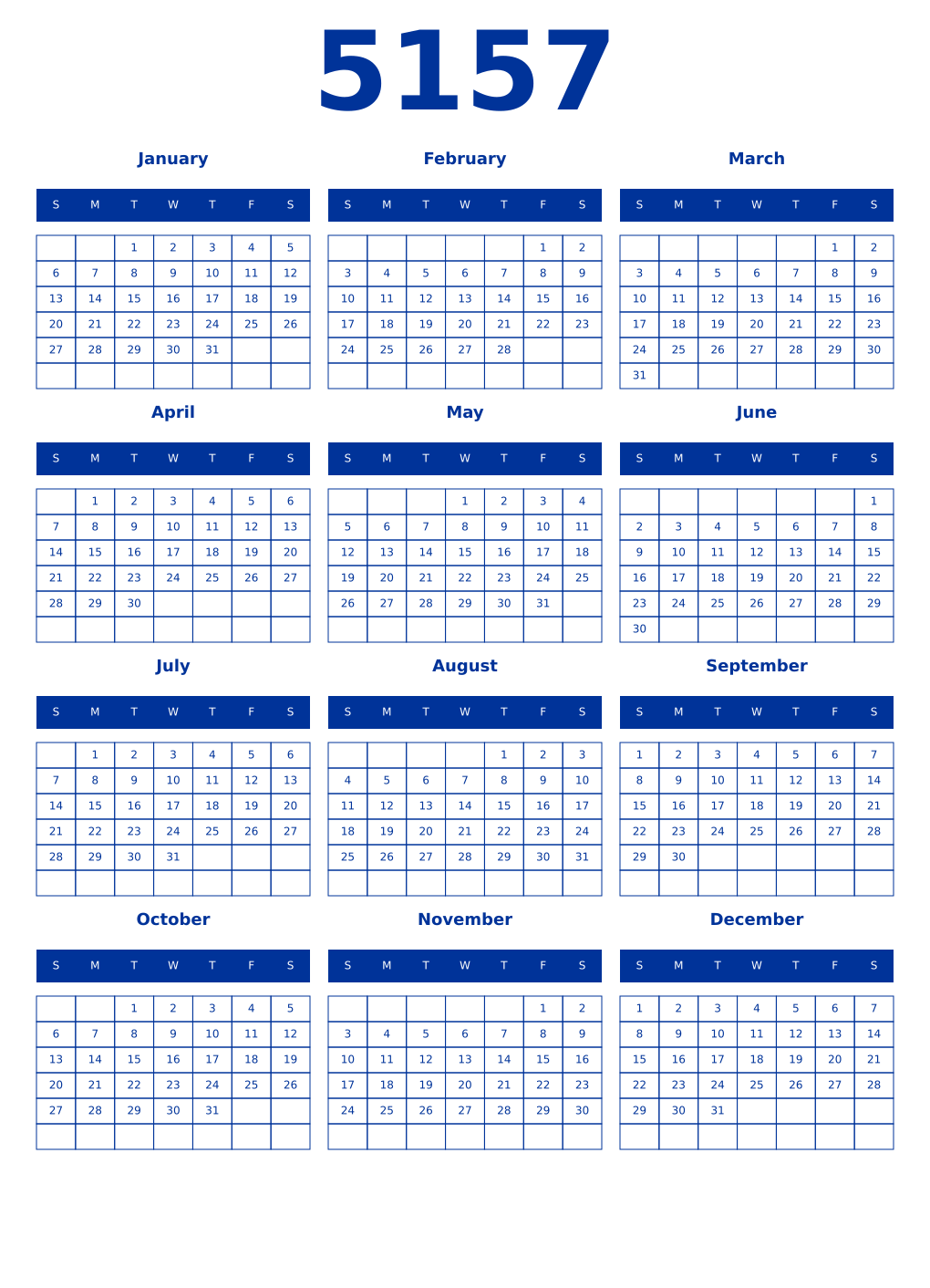 Printable 5157 Year Calendars smalt