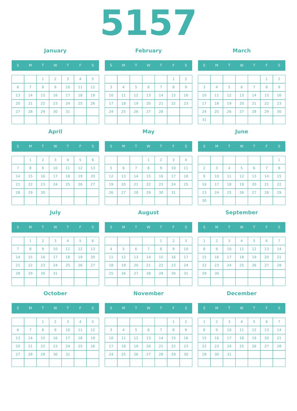 Printable 5157 Year Calendars verdigris