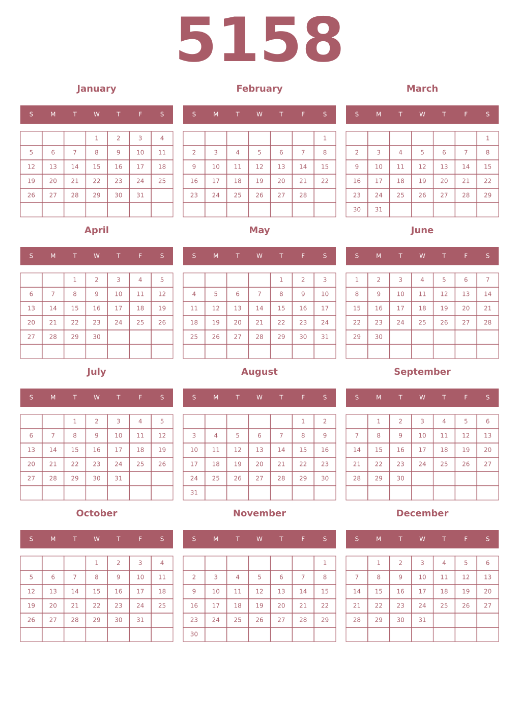 Printable 5158 Year Calendars puce