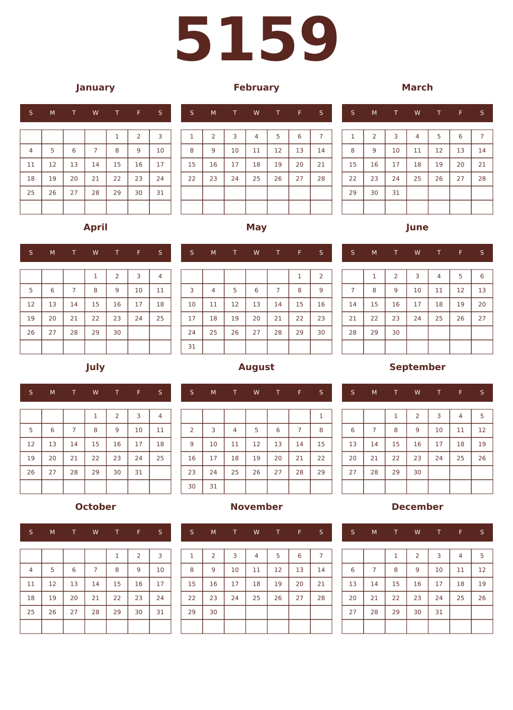 Printable 5159 Year Calendars mortuum