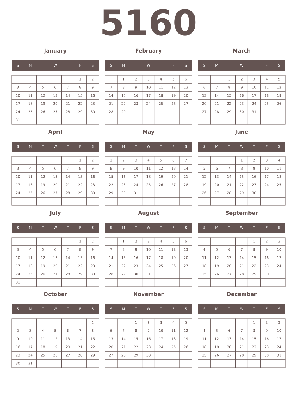 Printable 5160 Year Calendars wenge