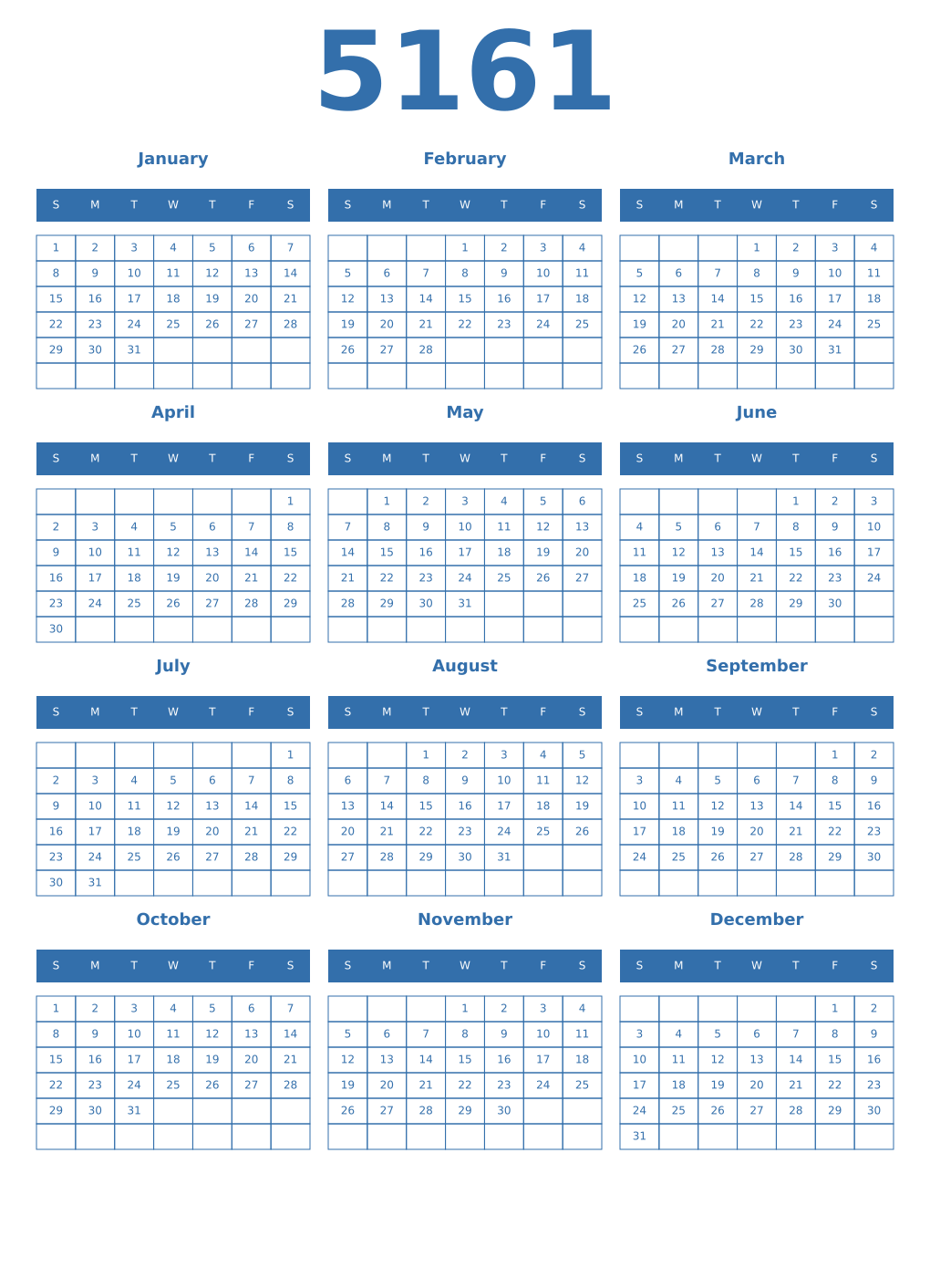 Printable 5161 Year Calendars blue