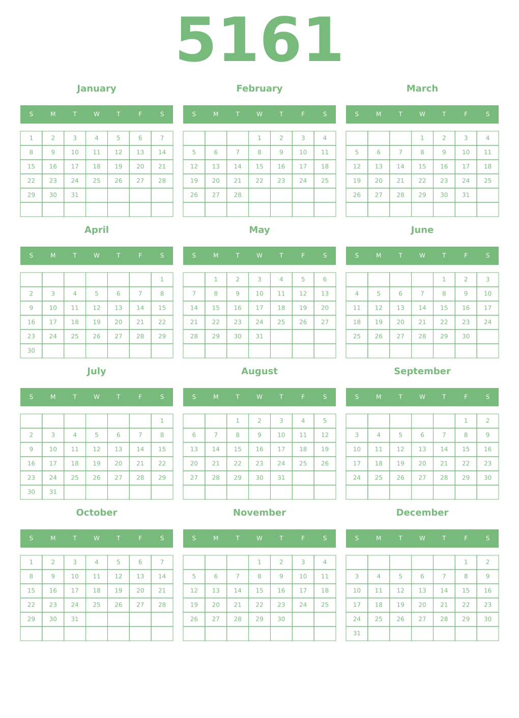 Printable 5161 Year Calendars celadon